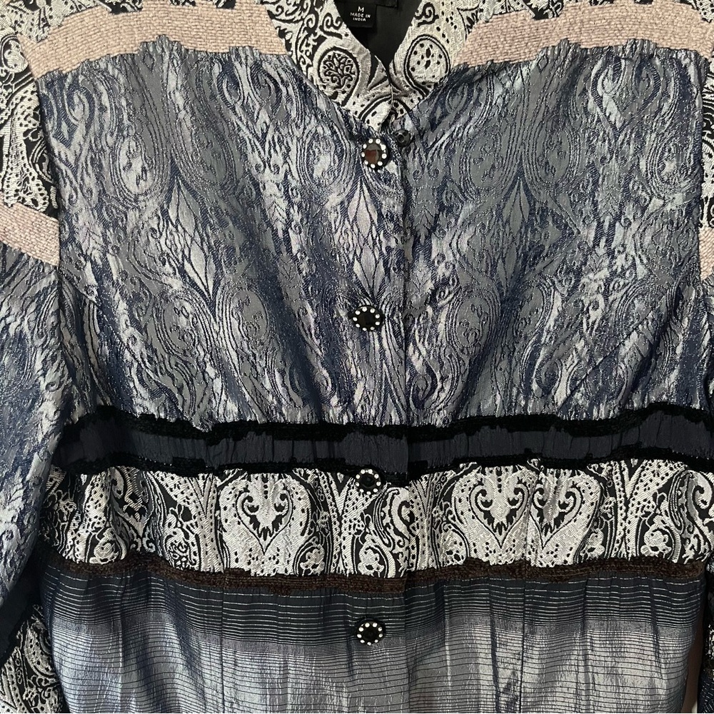 Metallic Silver Paisley Patchwork Jacket Y2K Boho Chic Lightweight Statement Top - Picture 10 of 12